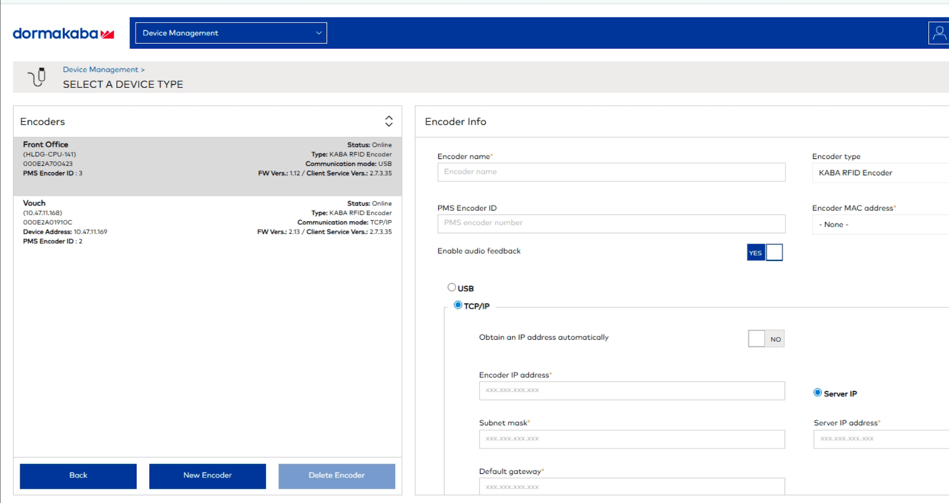 Ambiance Device Management menampilkan Status encoder: Online