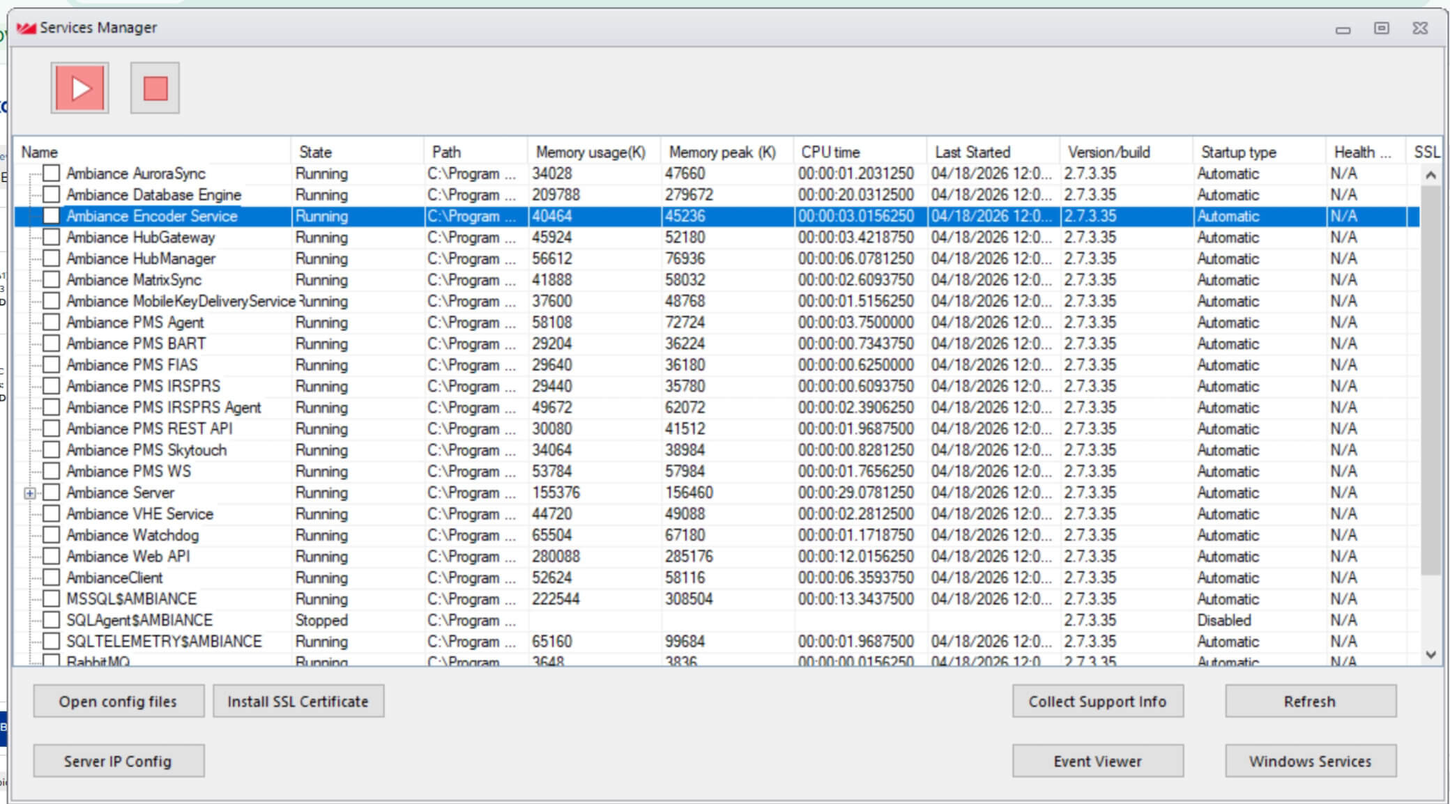 Ambiance Services Manager dengan Ambiance Encoder Service terpilih