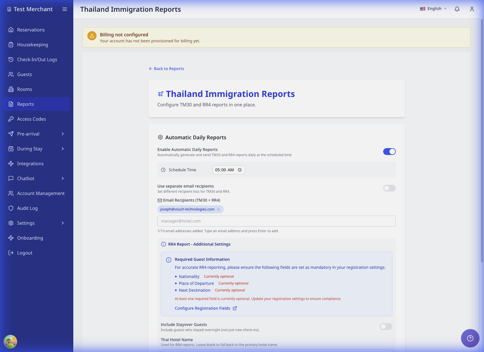 일정 시간과 이메일 수신자를 보여주는 Thailand Immigration Reports 구성 화면