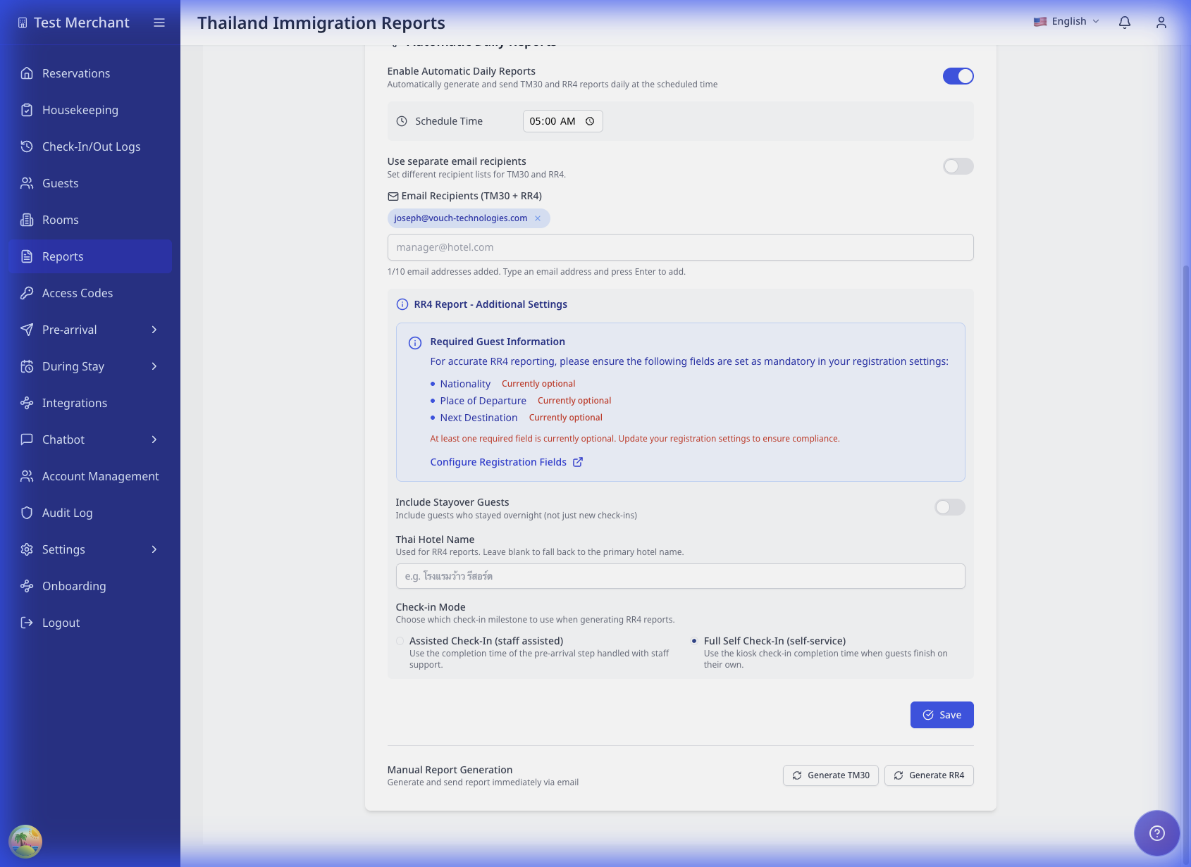 Guest Source Mode, Thai Hotel Name, stayover guests, check-in mode 옵션을 보여주는 RR4 설정