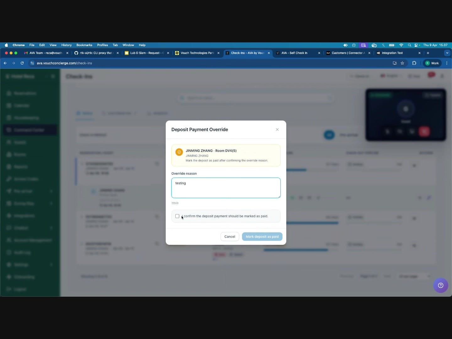 โมดัล Deposit Payment Override ที่แสดงเหตุผล override และช่องยืนยัน